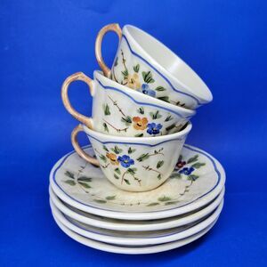 Limoges Longchamp Nemours Set Of 3 Floral Cups And 4 Saucers VGC Vintage 70's